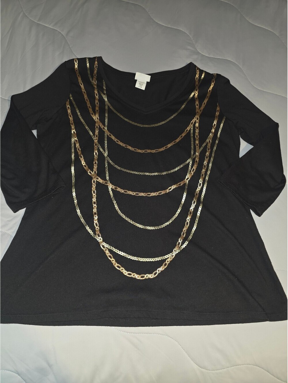 Jaclyn Smith Women's Black Gold Chain Print Tee 3/4 Sleeves Sz L Holiday shirt